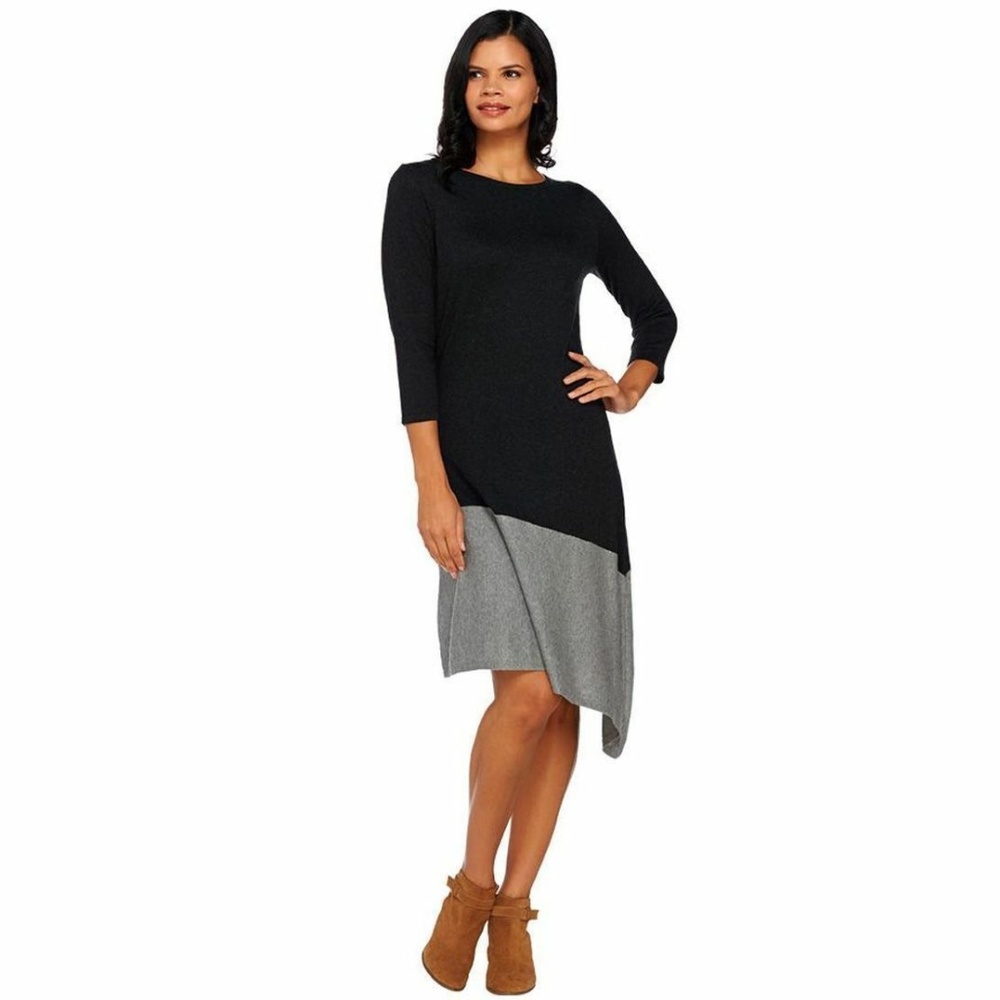 Sweater Dress H by Halston Heritage Black Gray Size XS Asymmetrical 3/4 Sleeve